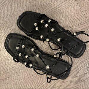Chic Black Sandals with Silver Beads
